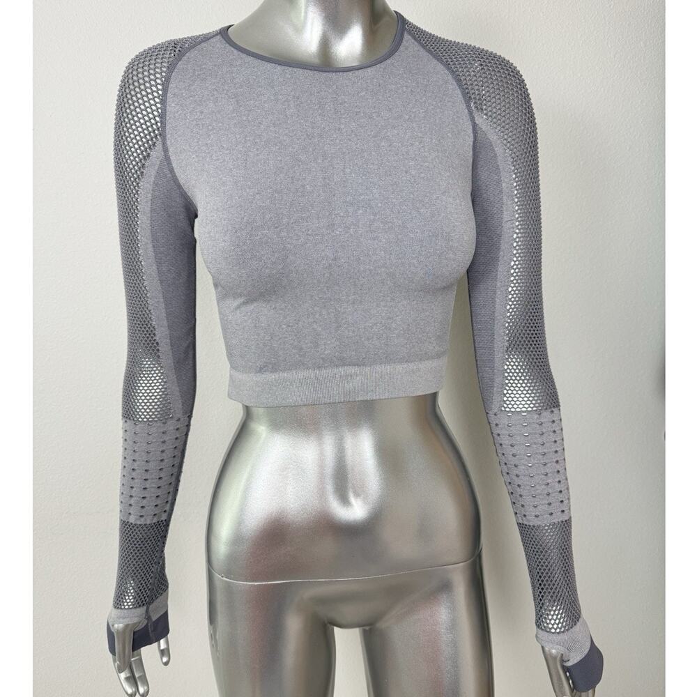 Bombshell Top Womens XS/S Gray Crop Long Sleeve Mesh Thumbholes